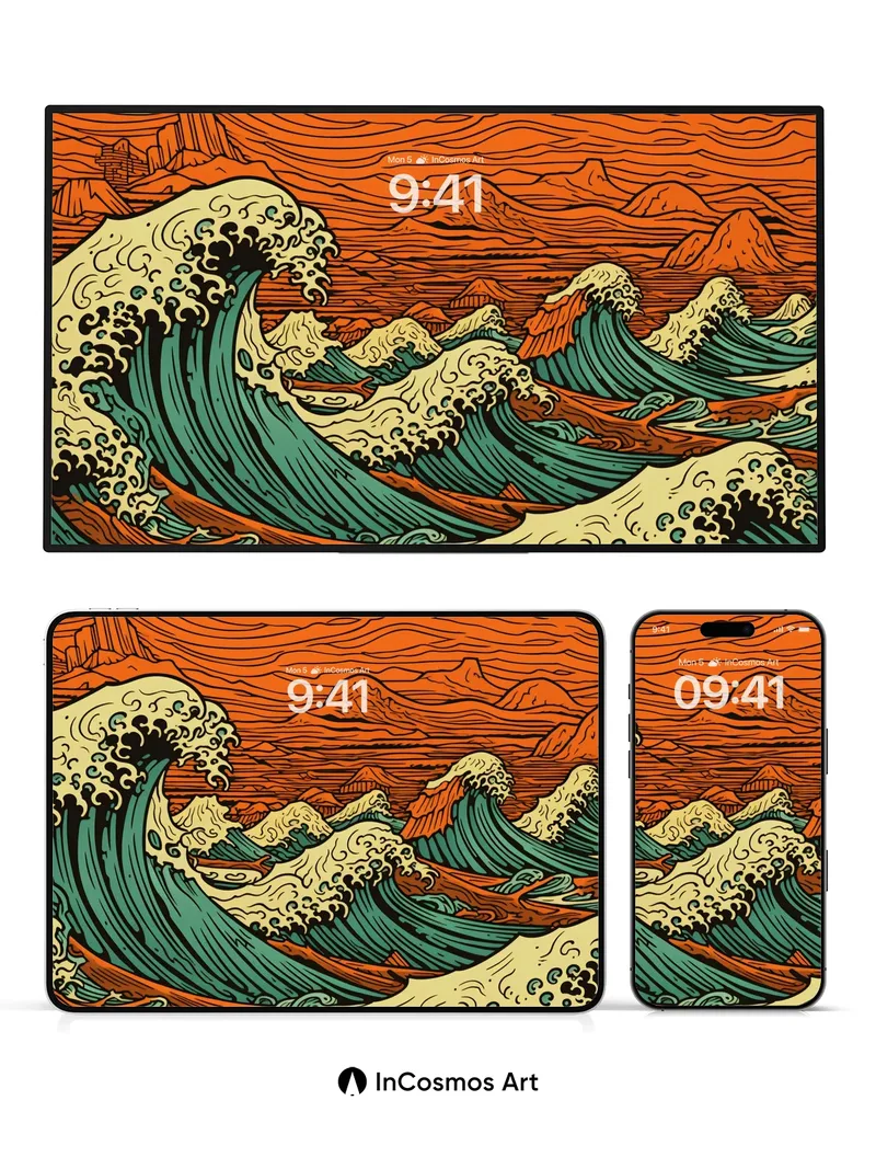 Crimson Tide Wallpaper with Hokusai Echoes