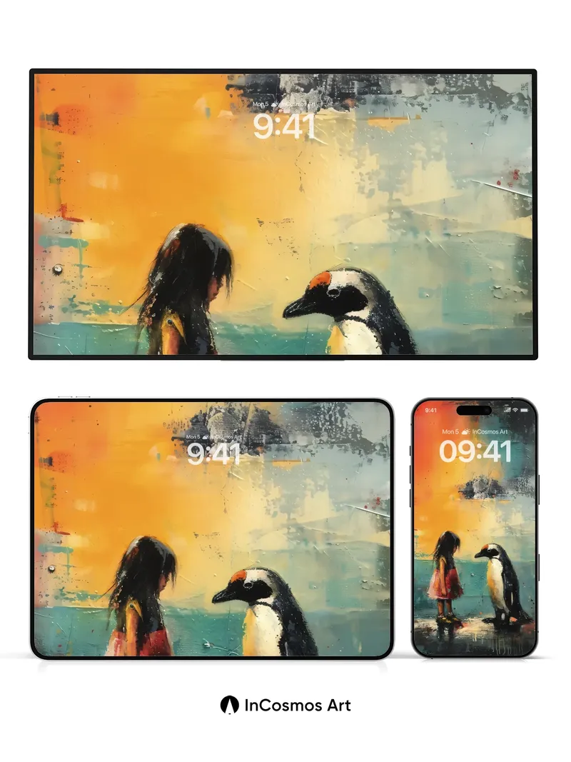 Whispering Sunset Wallpaper with Penguin and Child