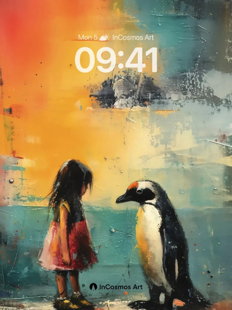 Whispering Sunset Wallpaper with Penguin and Child