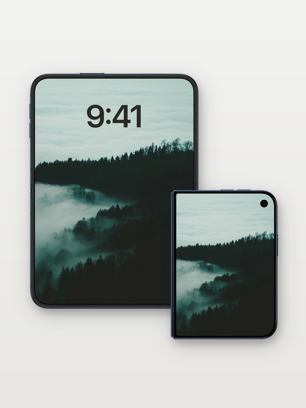 Mist Veil Wallpaper with Forest Silhouettes on iPhone Duo, open and closed
