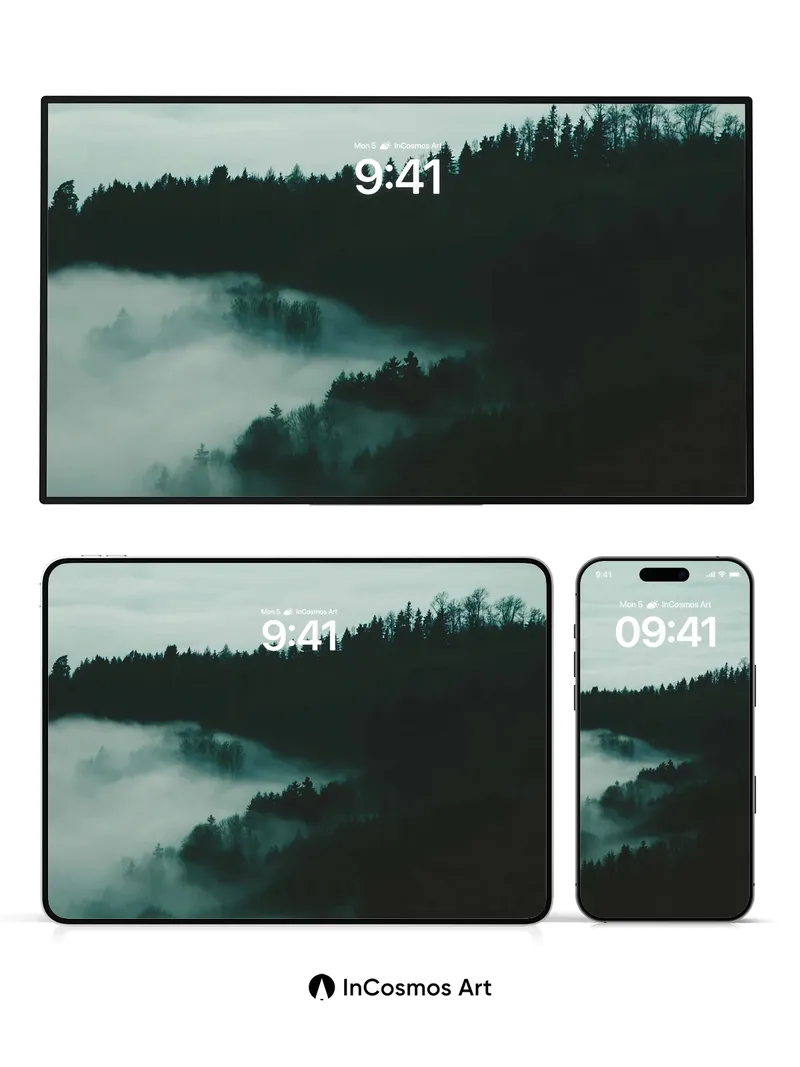 Mist Veil Wallpaper with Forest Silhouettes