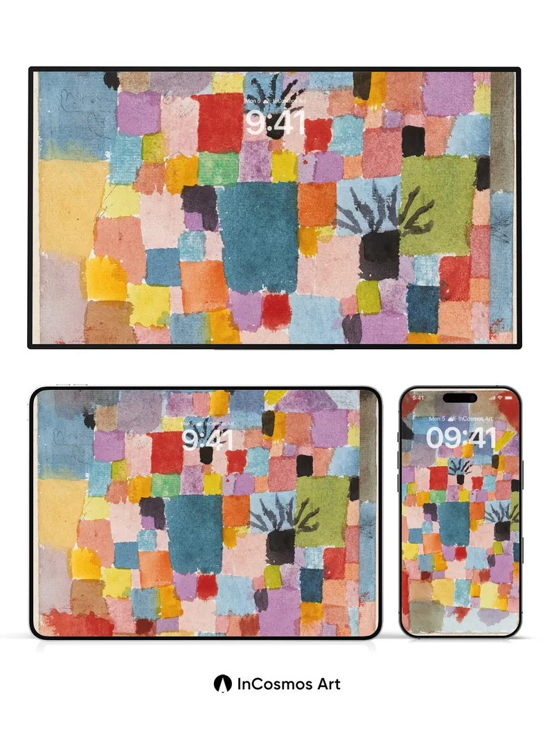 Cubist Garden Wallpaper with Floating Shapes