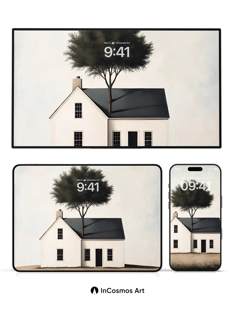 Surreal Stillness Wallpaper with Tree on Roof