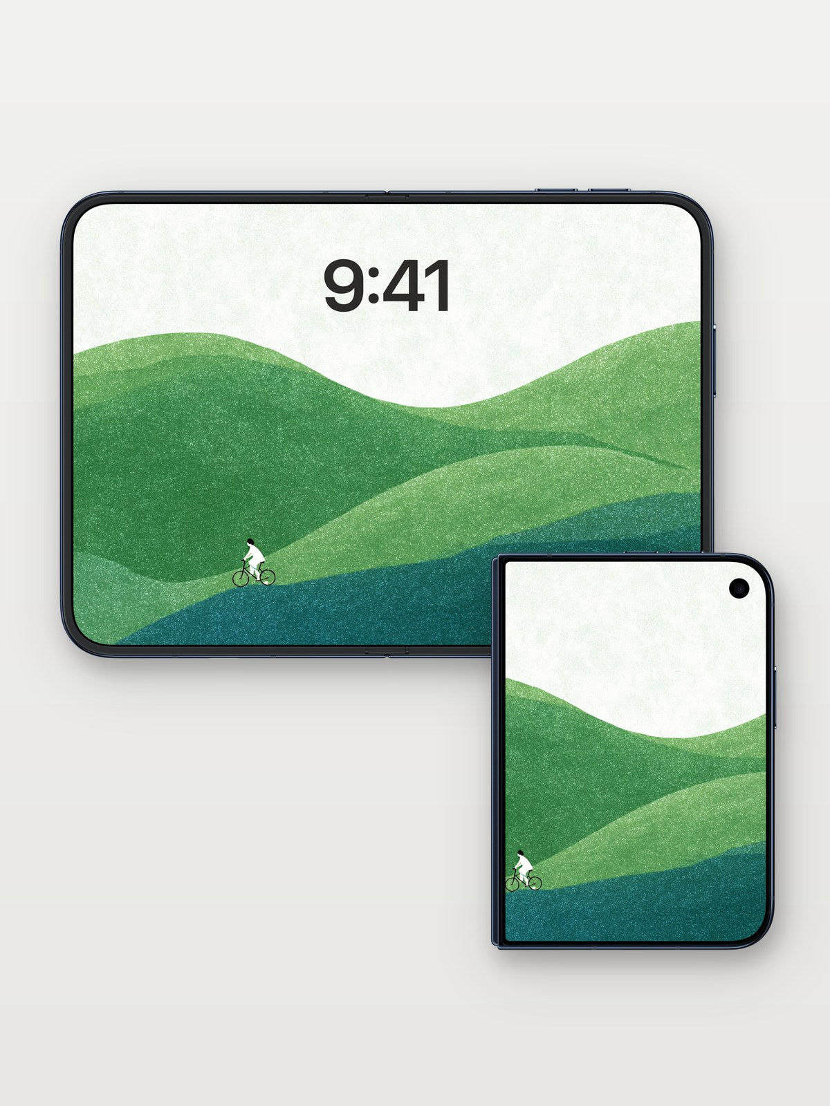 Serenity Ridge Wallpaper with Rolling Green Waves on iPhone Duo, open and closed