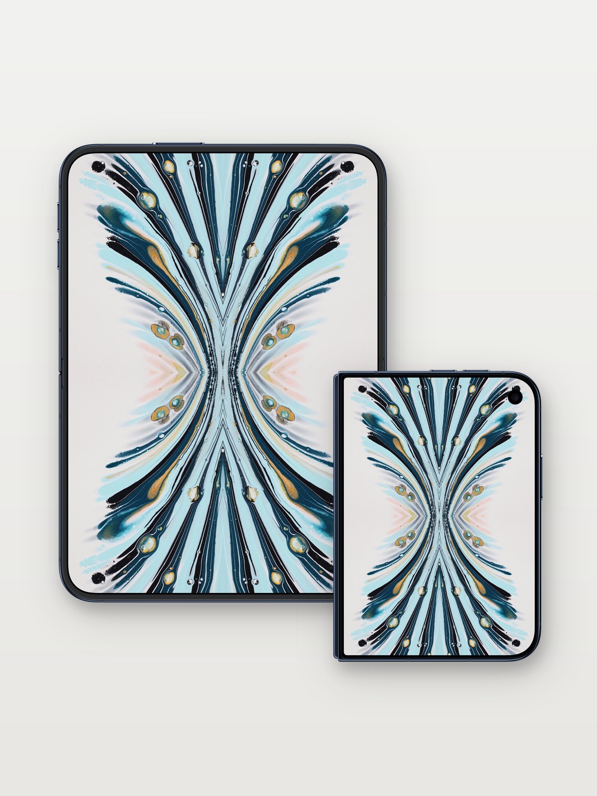 Cosmic Feather Wallpaper with Liquid Light Veins on iPhone Duo, open and closed