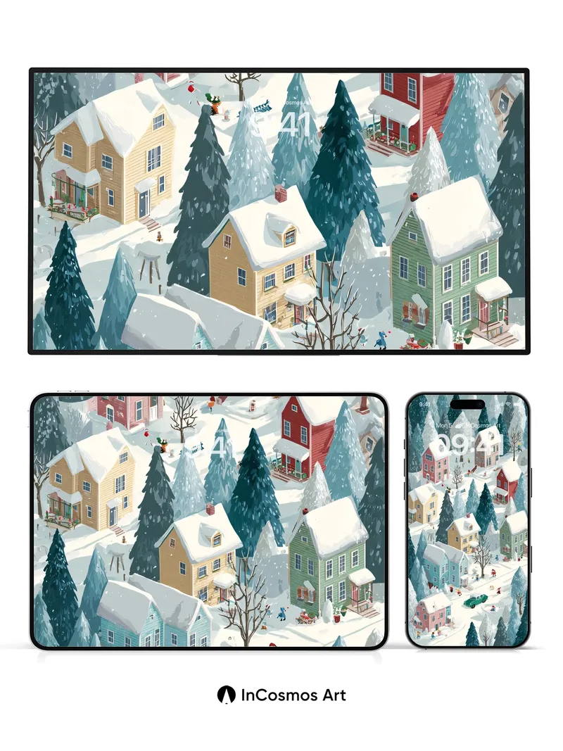 Snow-Kissed Village Wallpaper with Whimsical Light