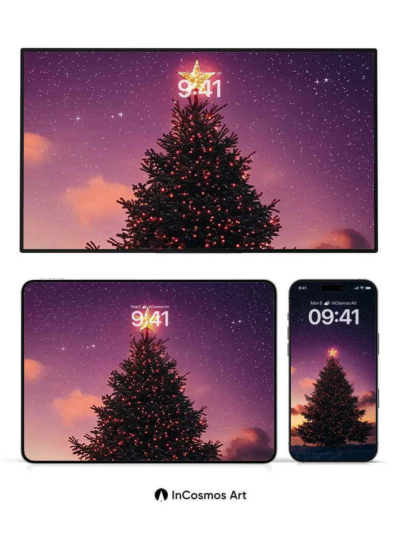 Starlit Solitude Wallpaper with Frost-Kissed Pine