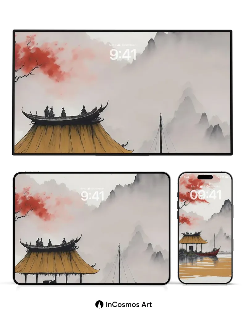 Misty Serenity Wallpaper with Crimson Branches