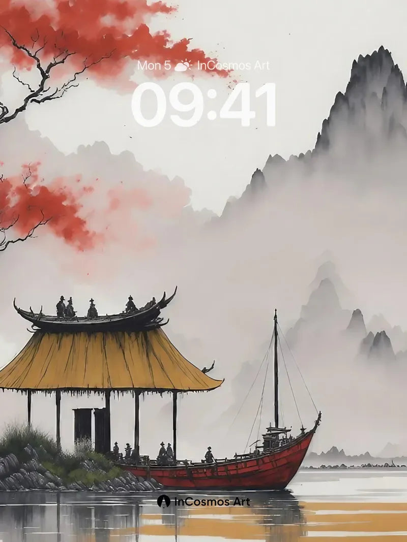 Misty Serenity Wallpaper with Crimson Branches