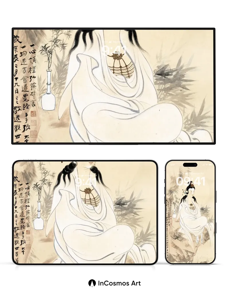 Serene Ink Figure Wallpaper with Bamboo Whispers