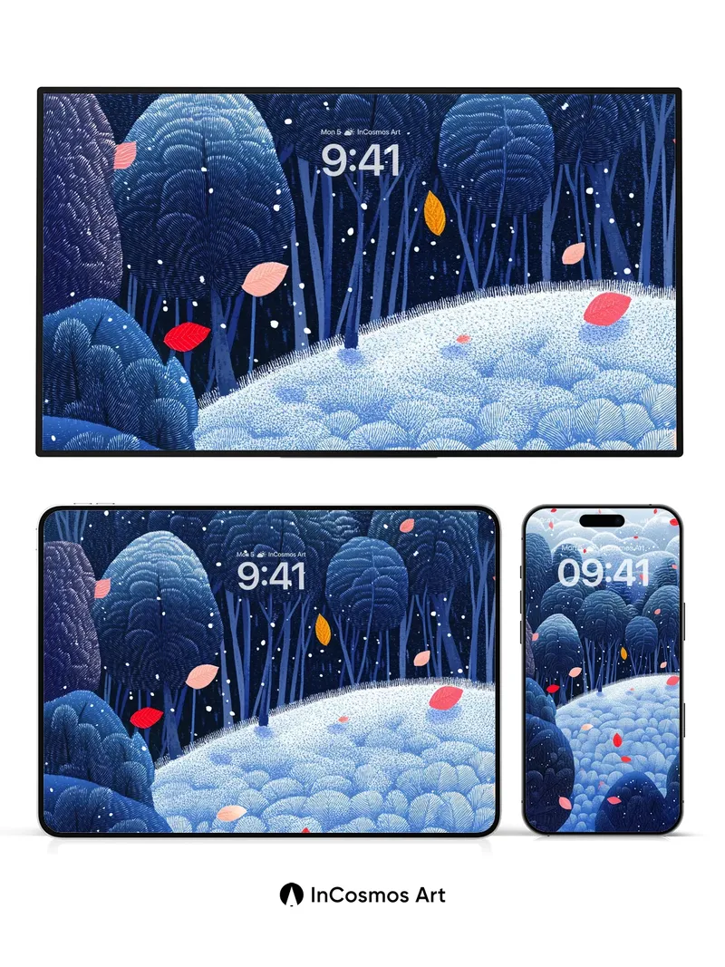 Frostbloom Forest Wallpaper with Floating Leaves