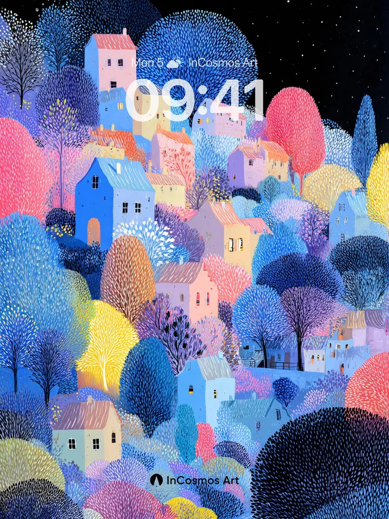 Starry Night Village Wallpaper with Textured Trees wallpaper for iPhone, iPad & Mac