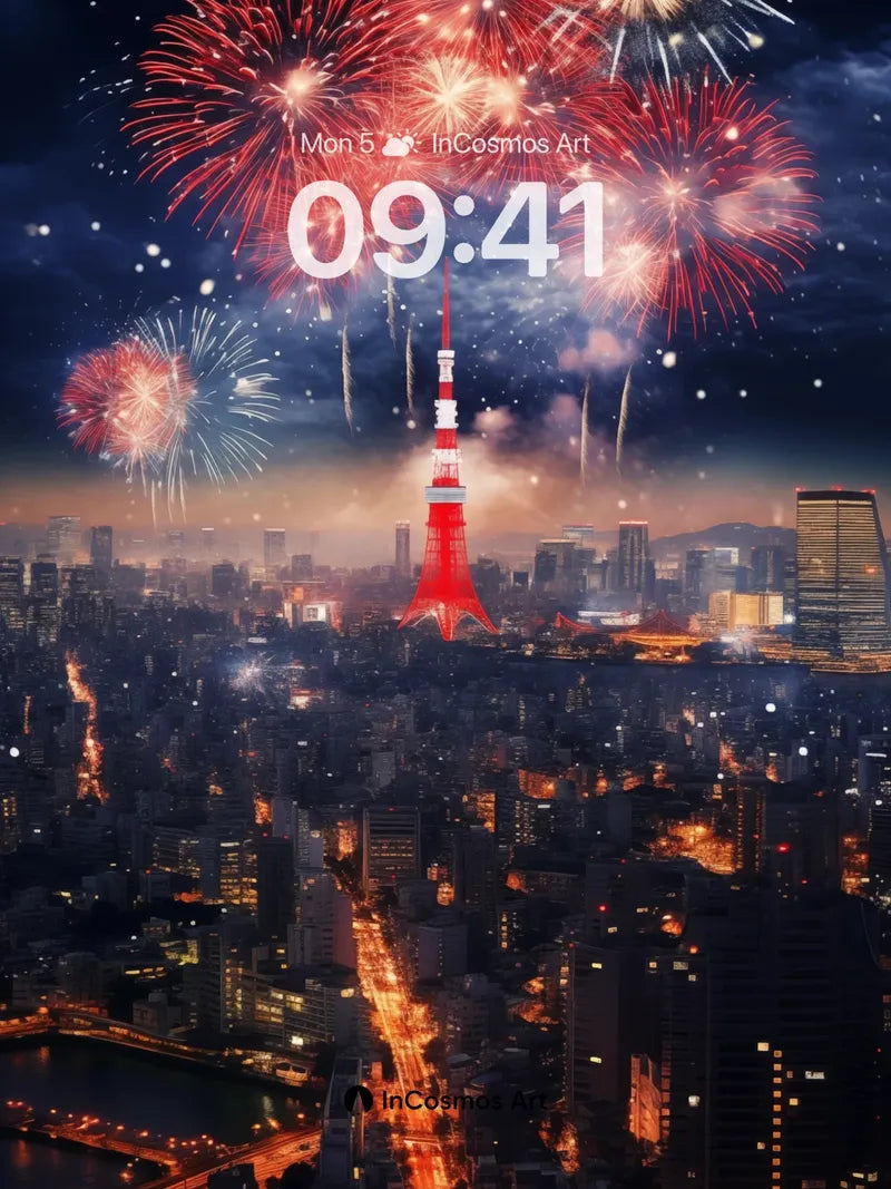 Crimson Reverie Wallpaper with Tokyo Tower Fireworks
