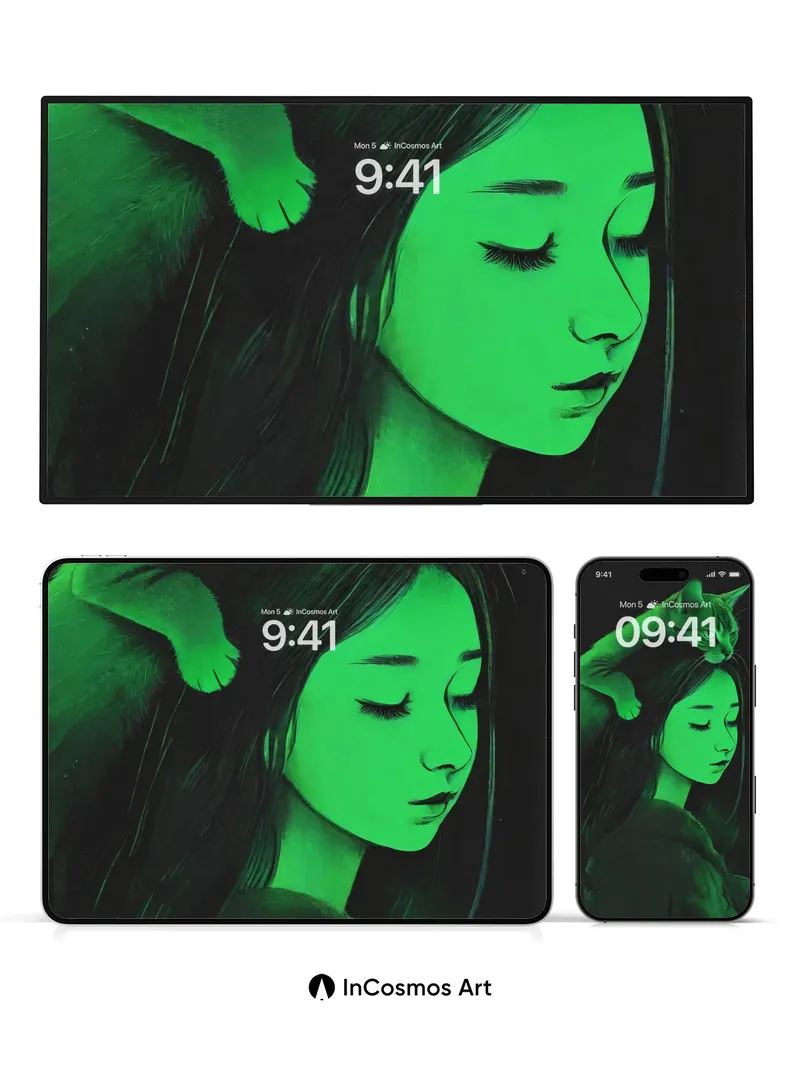 Serenity Cat Wallpaper with Emerald Light