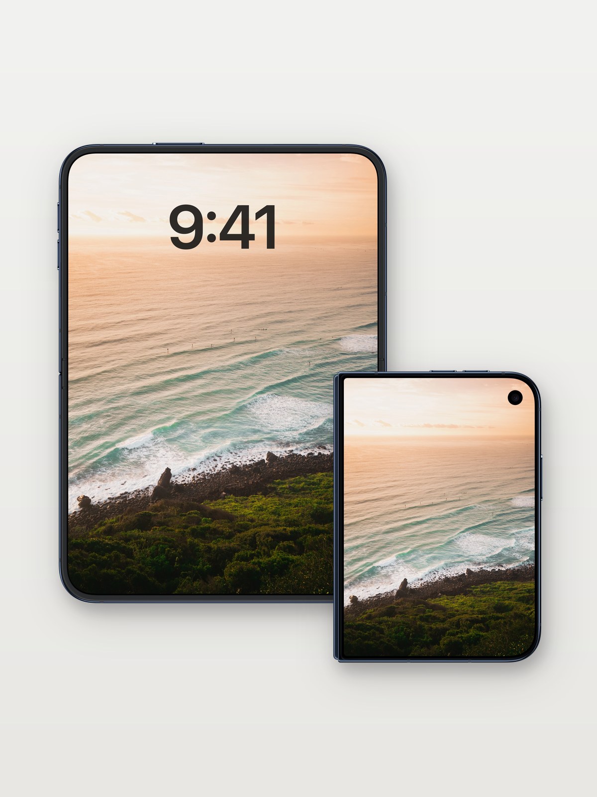 Golden Hush Ocean Wallpaper with Whispering Waves on iPhone Duo, open and closed