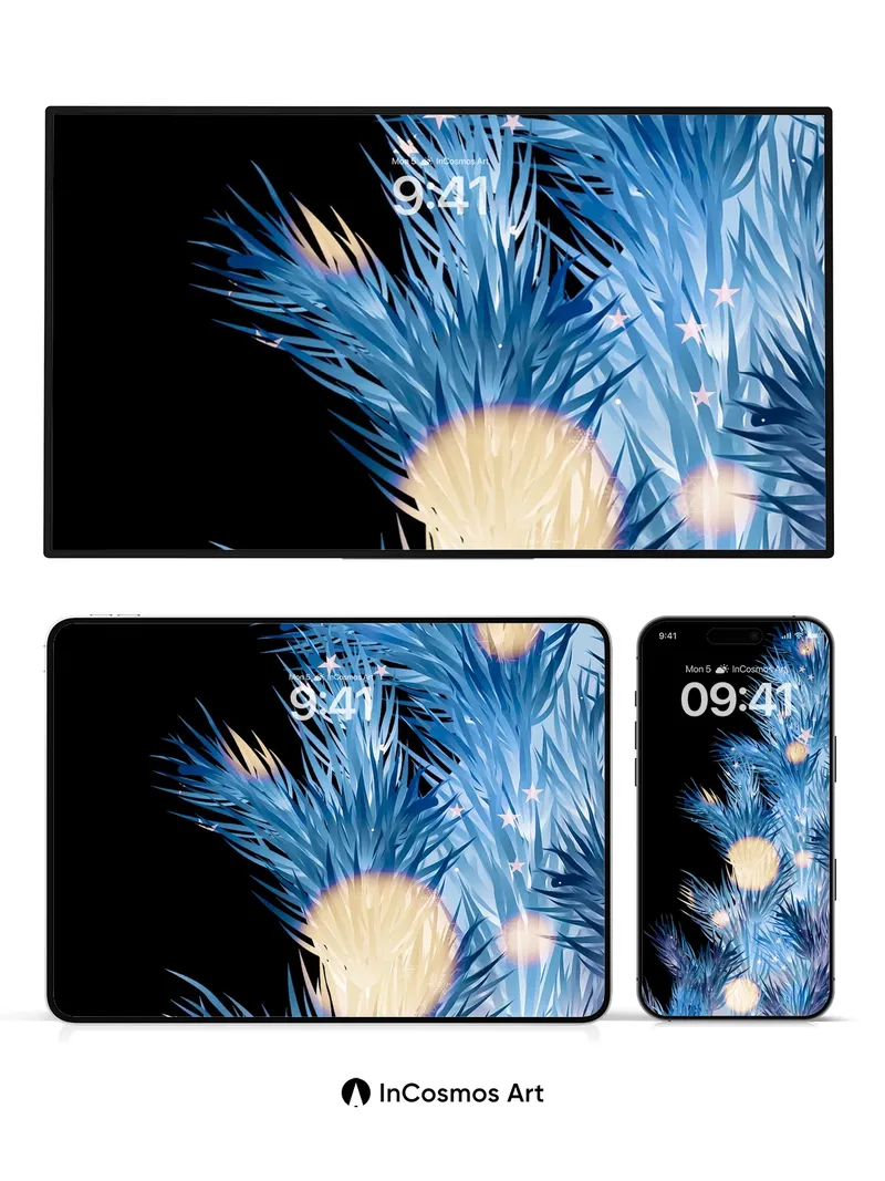 Frost-Lit Pine Wallpaper with Celestial Stars