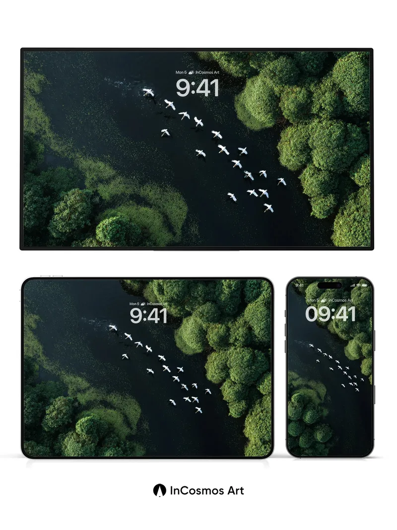 Serenity River Wallpaper with Flock of Geese