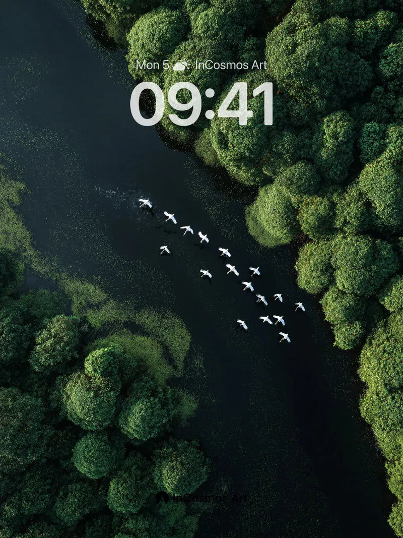 Serenity River Wallpaper with Flock of Geese wallpaper for iPhone, iPad & Mac