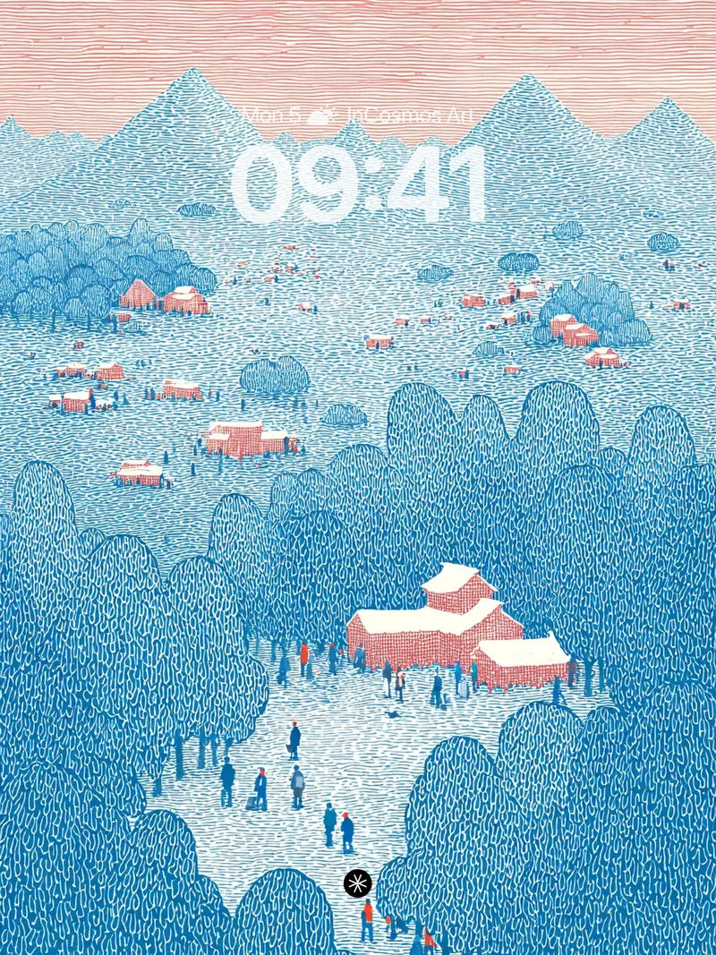 Serene Winter Village Background with Retro Illustration Style wallpaper for iPhone, iPad & Mac