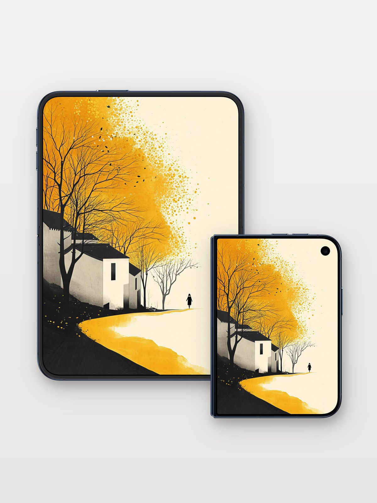 Autumn Hush Wallpaper with Golden Drift on iPhone Duo, open and closed