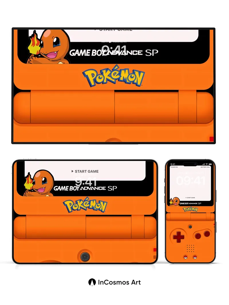 Nostalgic Flame Wallpaper with Pokéball Buttons