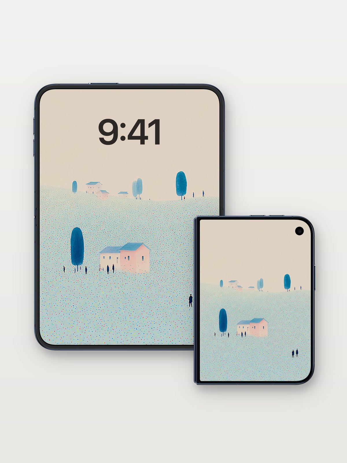 Serene Pointillist Village Winter Wallpaper on iPhone Duo, open and closed