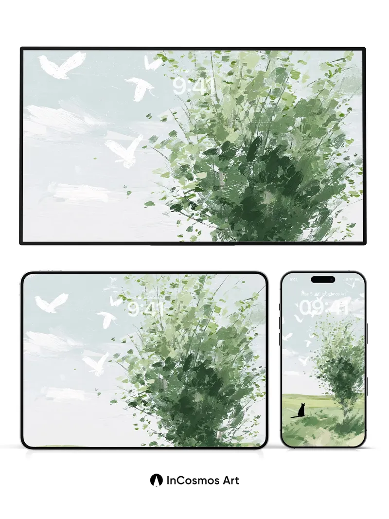 Serenity Silhouette Wallpaper with Floating Feathers