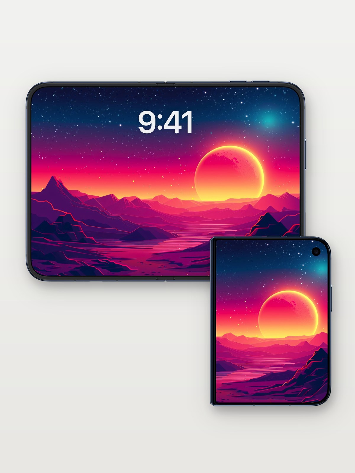 Neon Horizon Wallpaper with Cosmic Eclipse on iPhone Duo, open and closed