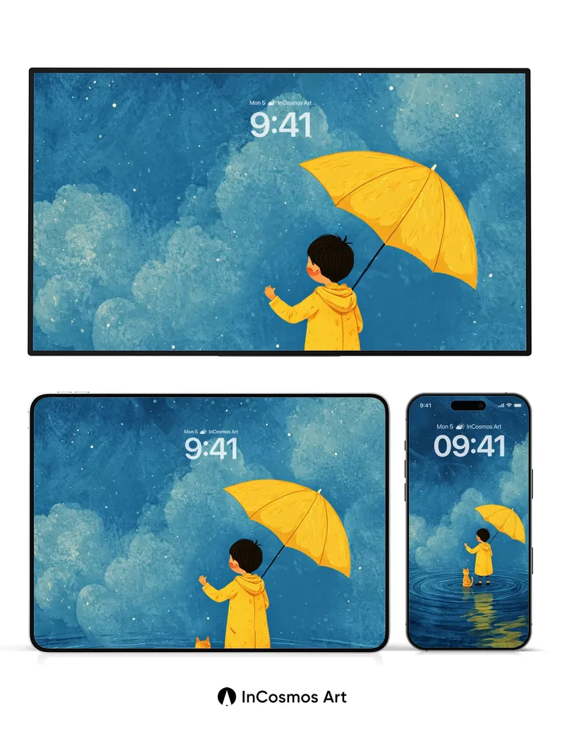 Serenity Rainfall Wallpaper with Golden Umbrella