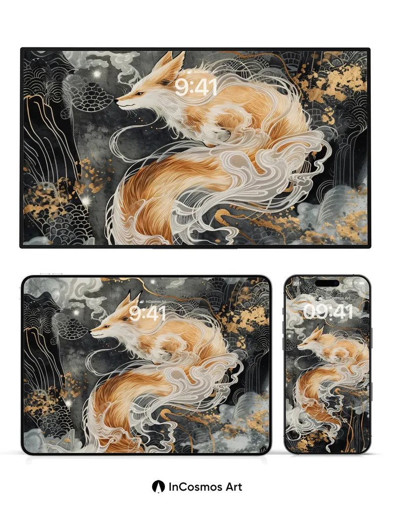 Celestial Fox Wallpaper with Golden Veins