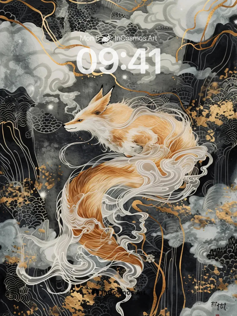 Celestial Fox Wallpaper with Golden Veins