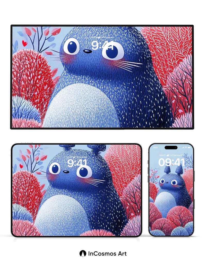 Whispering Forest Wallpaper with Blue Furry Guardian