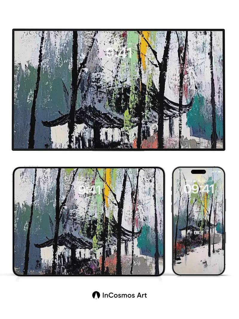 Serenity Grove Wallpaper with Ink-Washed Trees