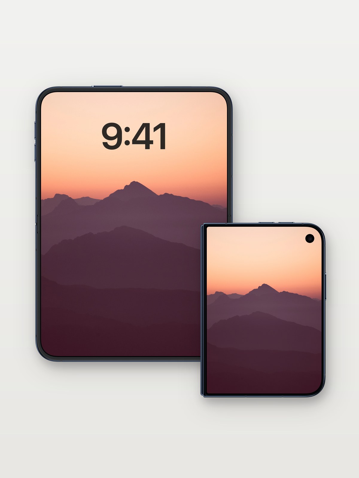 Silent Ridge Wallpaper with Dusk Hues on iPhone Duo, open and closed