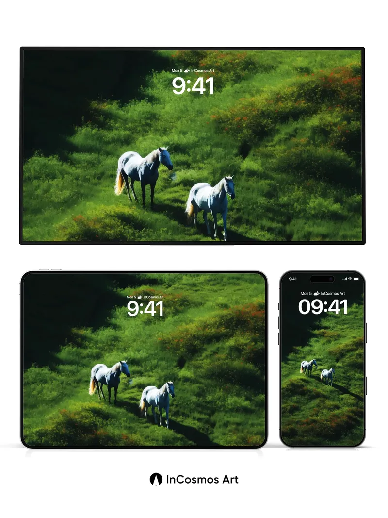 Whispering Meadow Wallpaper with Silver Horses