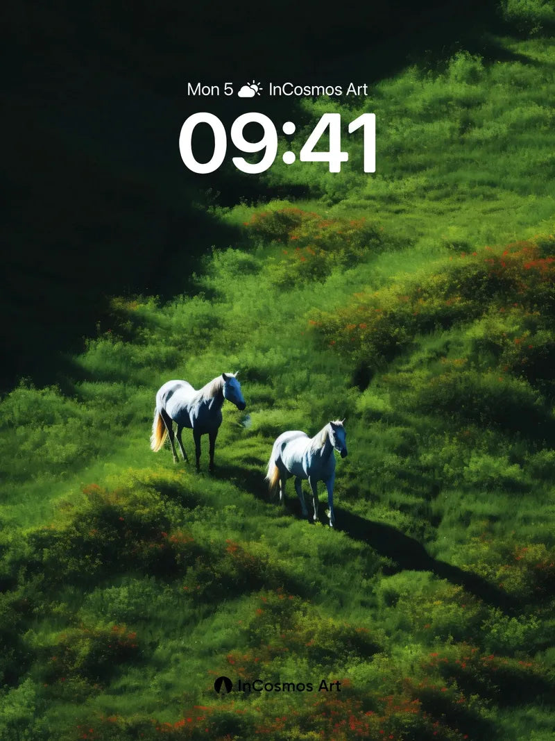 Whispering Meadow Wallpaper with Silver Horses wallpaper for iPhone, iPad & Mac