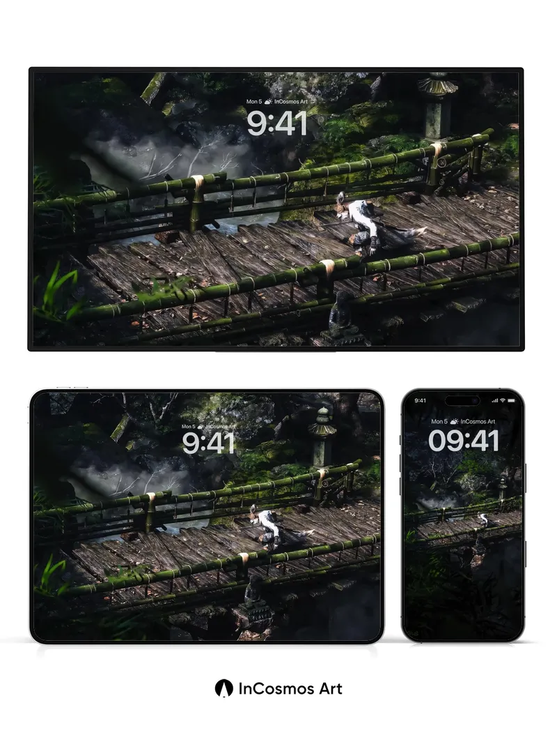 Shadowed Bamboo Bridge Wallpaper with Misty Depths