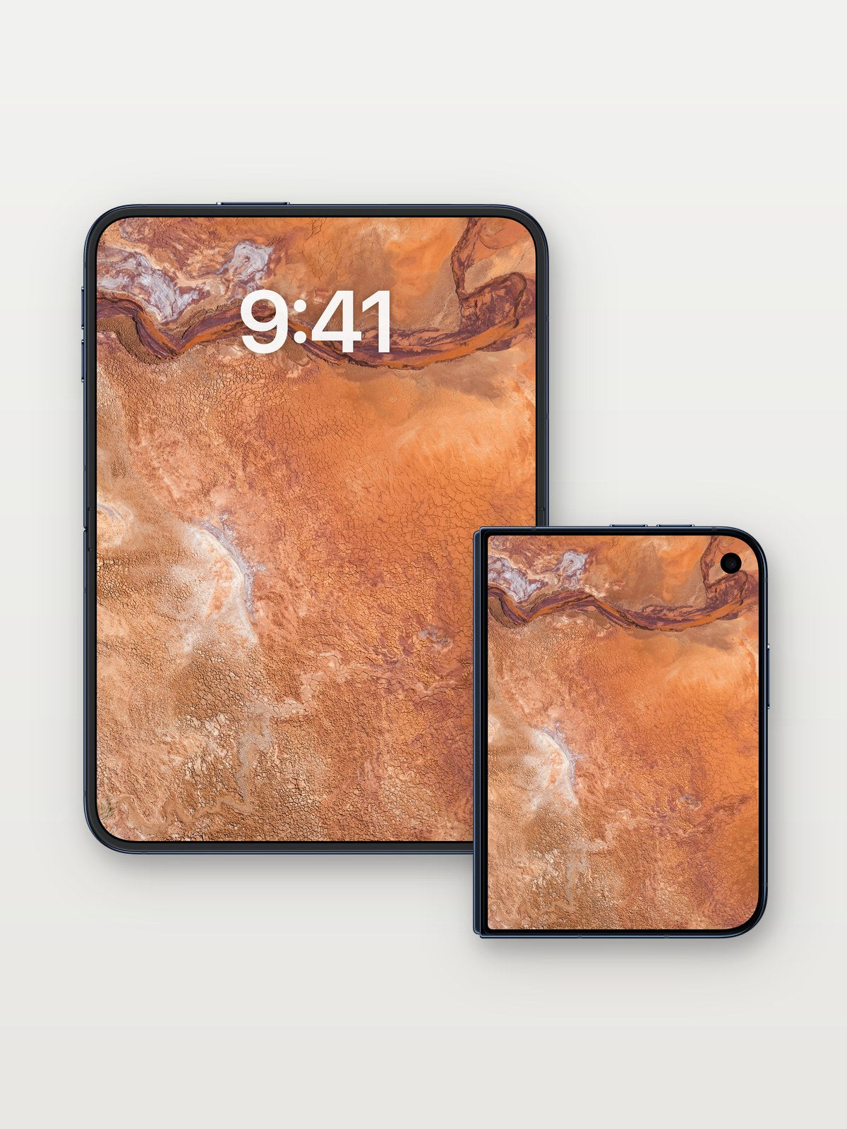 Desert Veil Wallpaper with Cracked Earth Lines on iPhone Duo, open and closed
