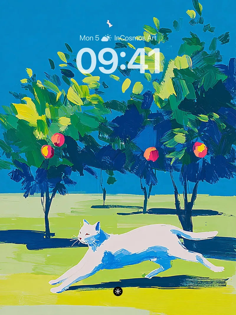 Dynamic White Cat Chase in Orchard Wallpaper wallpaper for iPhone, iPad & Mac