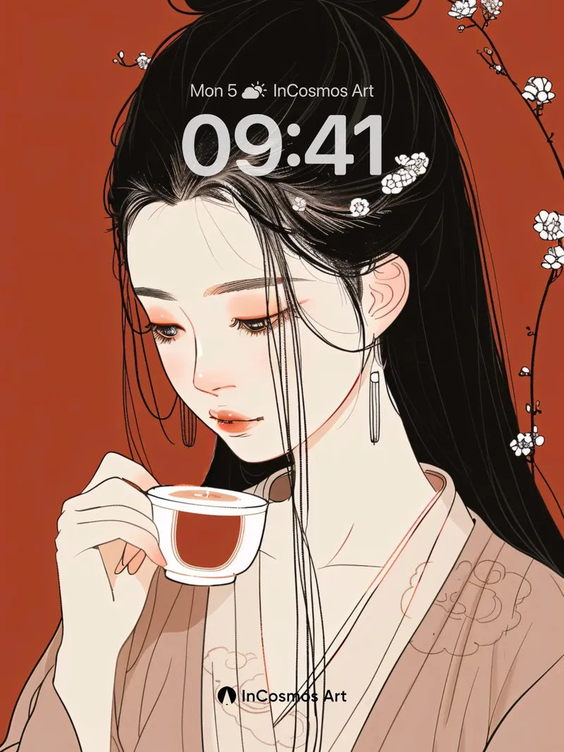 Serene Ink Portrait Wallpaper with Cherry Blossom Whispers wallpaper for iPhone, iPad & Mac