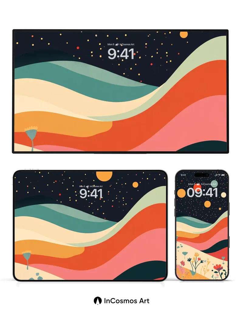 Cosmic Bloom Wallpaper with Desert Waves