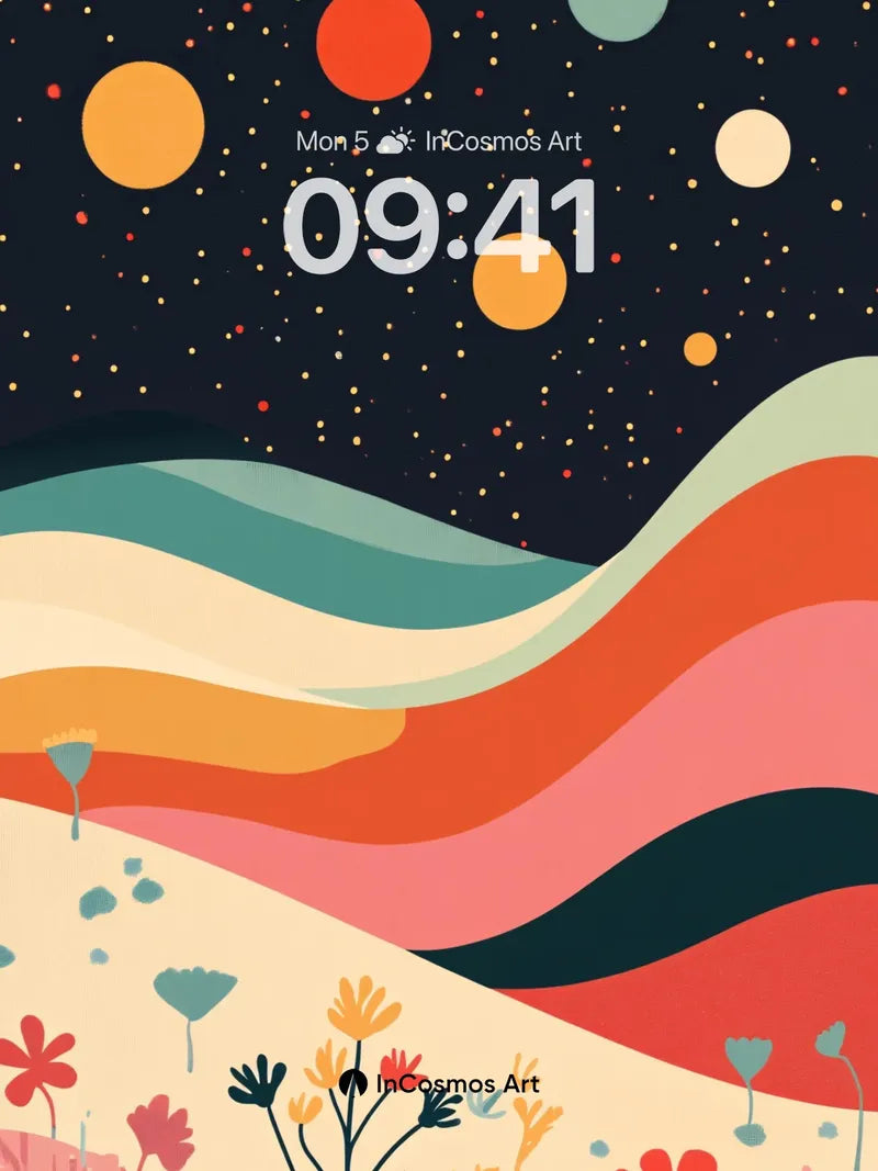 Cosmic Bloom Wallpaper with Desert Waves