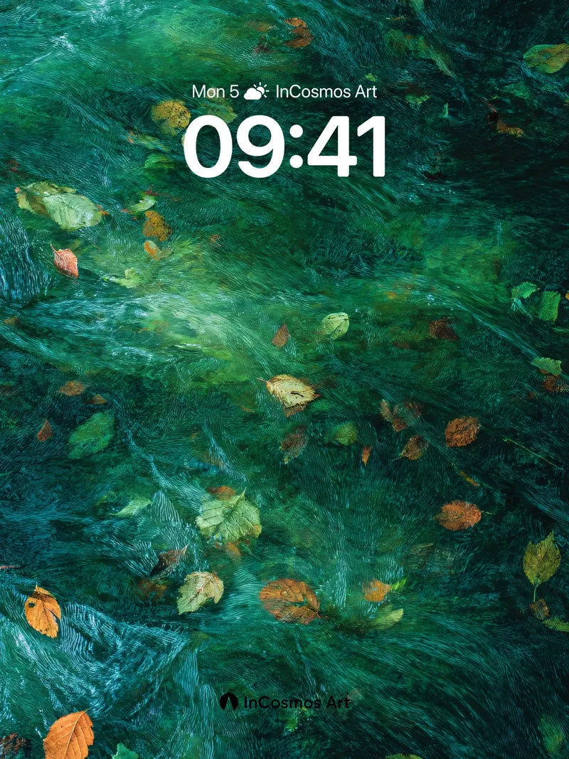 Emerald Drift Wallpaper with Floating Leaves