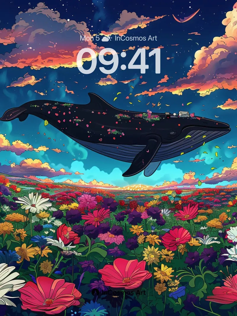 Whispering Whale Wallpaper with Flower Fields