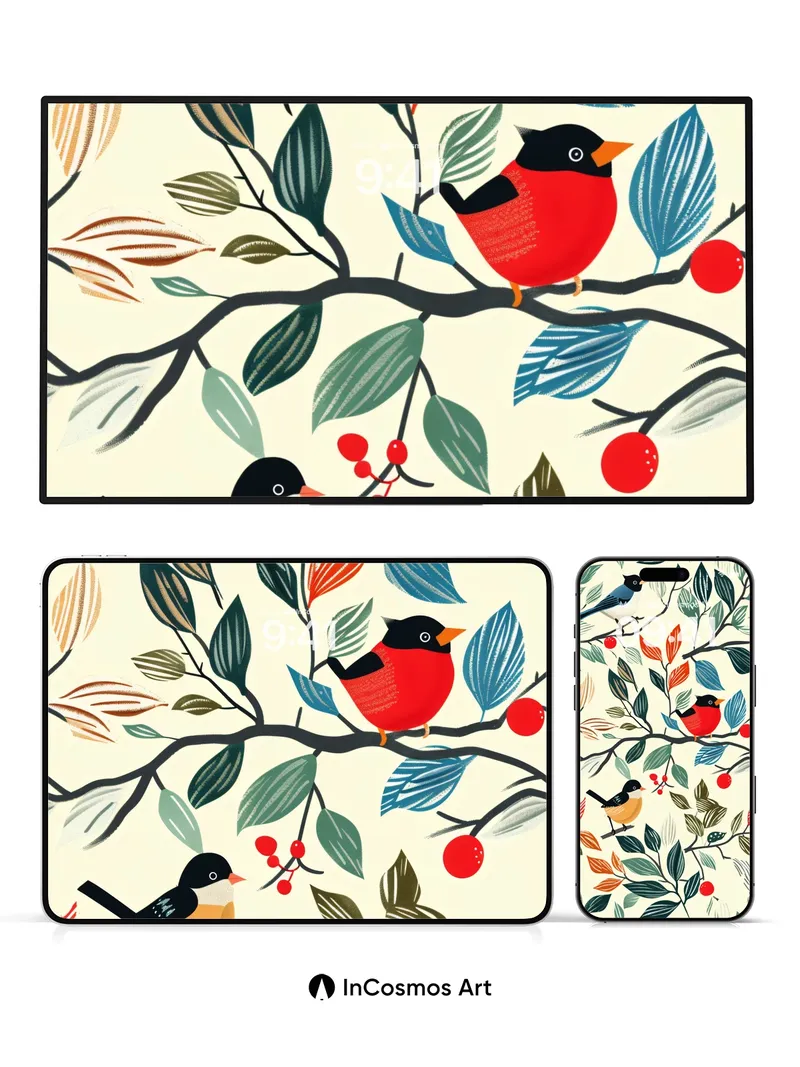 Whispering Branches Wallpaper with Feathered Friends