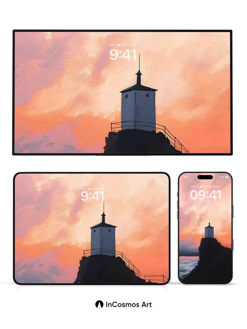 Crimson Horizon Wallpaper with Lighthouse Silhouette