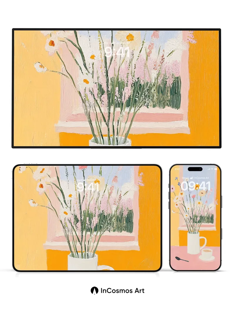 Sunlit Stillness Wallpaper with Vase of Wild Blooms