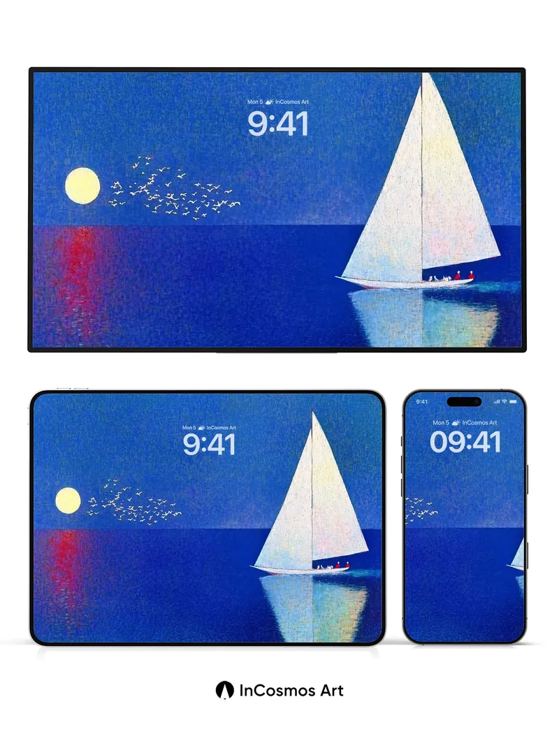 Moonlit Sail Wallpaper with Flock of Flight