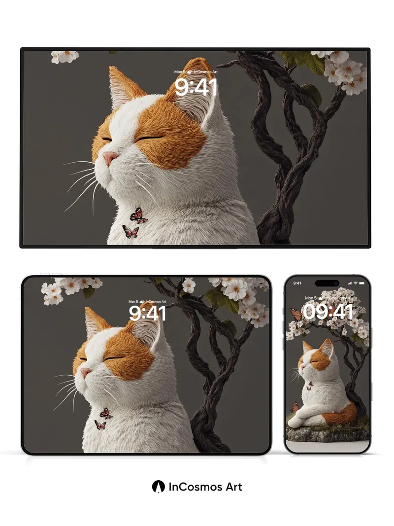 Serenity Cherry Blossom Wallpaper with Sleeping Cat