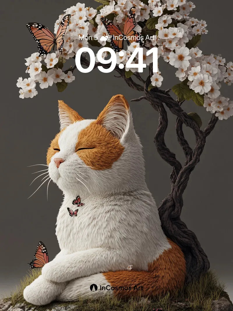 Serenity Cherry Blossom Wallpaper with Sleeping Cat